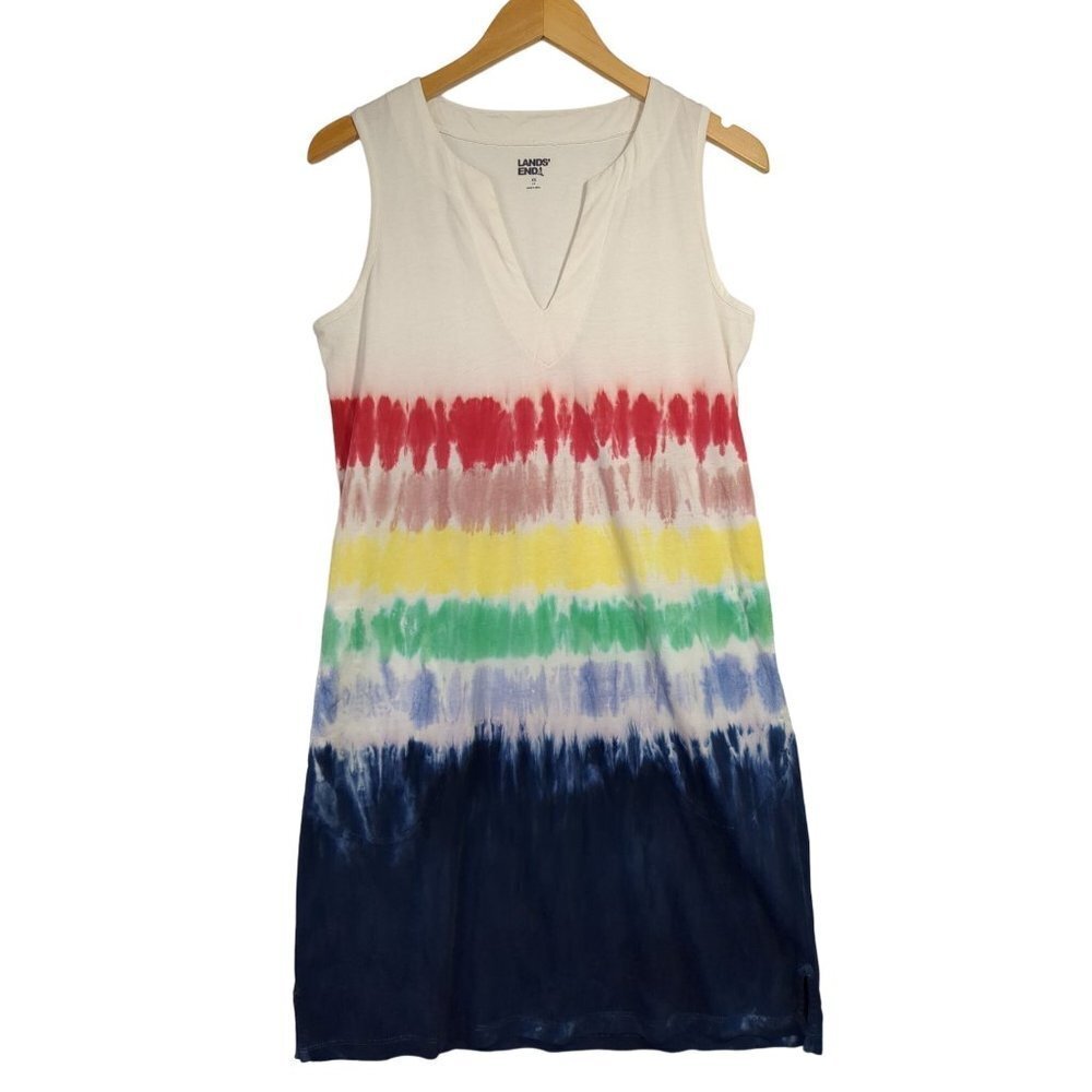 Lands End Shift Dress Womens XS Sleeveless Pockets‎ Cover Up Rainbow Tie Tye